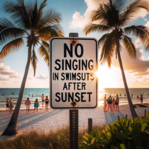 Photo of a sunlit Florida beach with a humorous sign that says 'No singing in swimsuits after sunset'. Palm trees frame the scene and a few surprised tourists are looking at the sign with raised eyebrows.